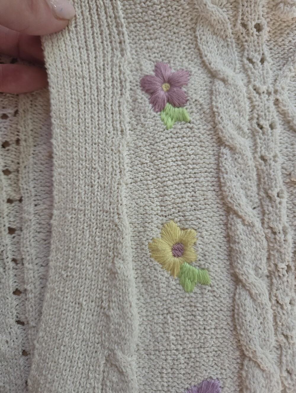 Zara Floral Embroidered Cable Knit Cardigan Sweater Cottagecore Grandpa Chic L - Picture 4 of 7